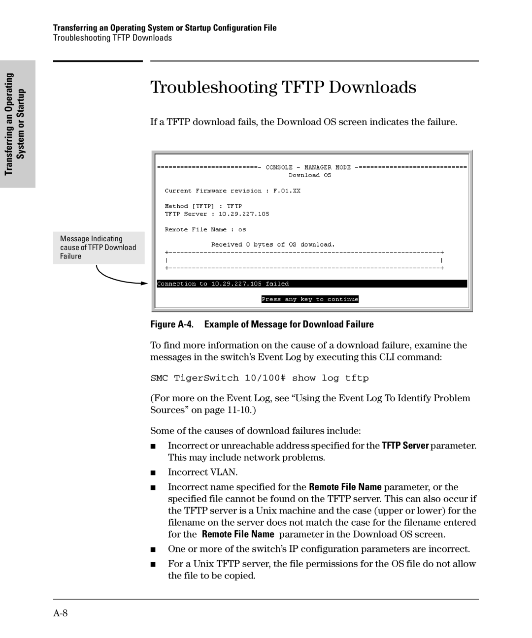 SMC Networks SMC6624M manual Troubleshooting Tftp Downloads, SMC TigerSwitch 10/100# show log tftp 
