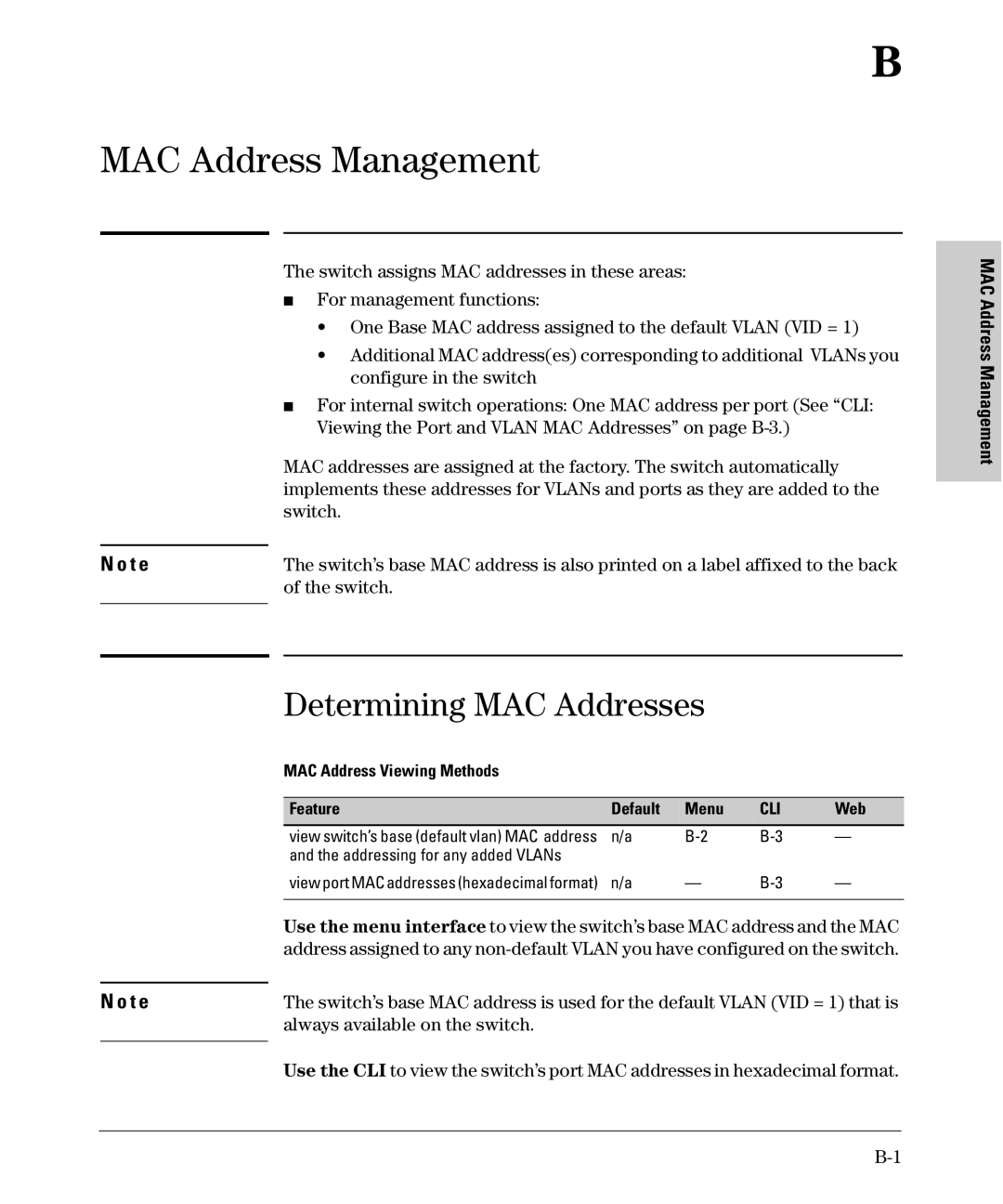 SMC Networks SMC6624M Determining MAC Addresses, MAC Address Management, MAC Address Viewing Methods Feature Default Menu 