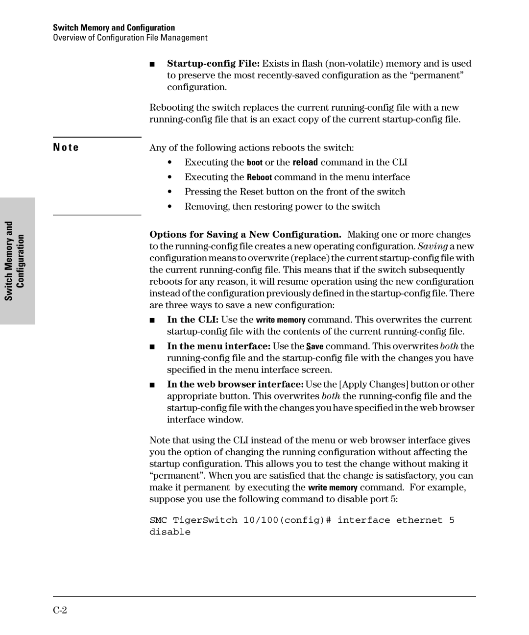 SMC Networks SMC6624M manual Any of the following actions reboots the switch, Removing, then restoring power to the switch 