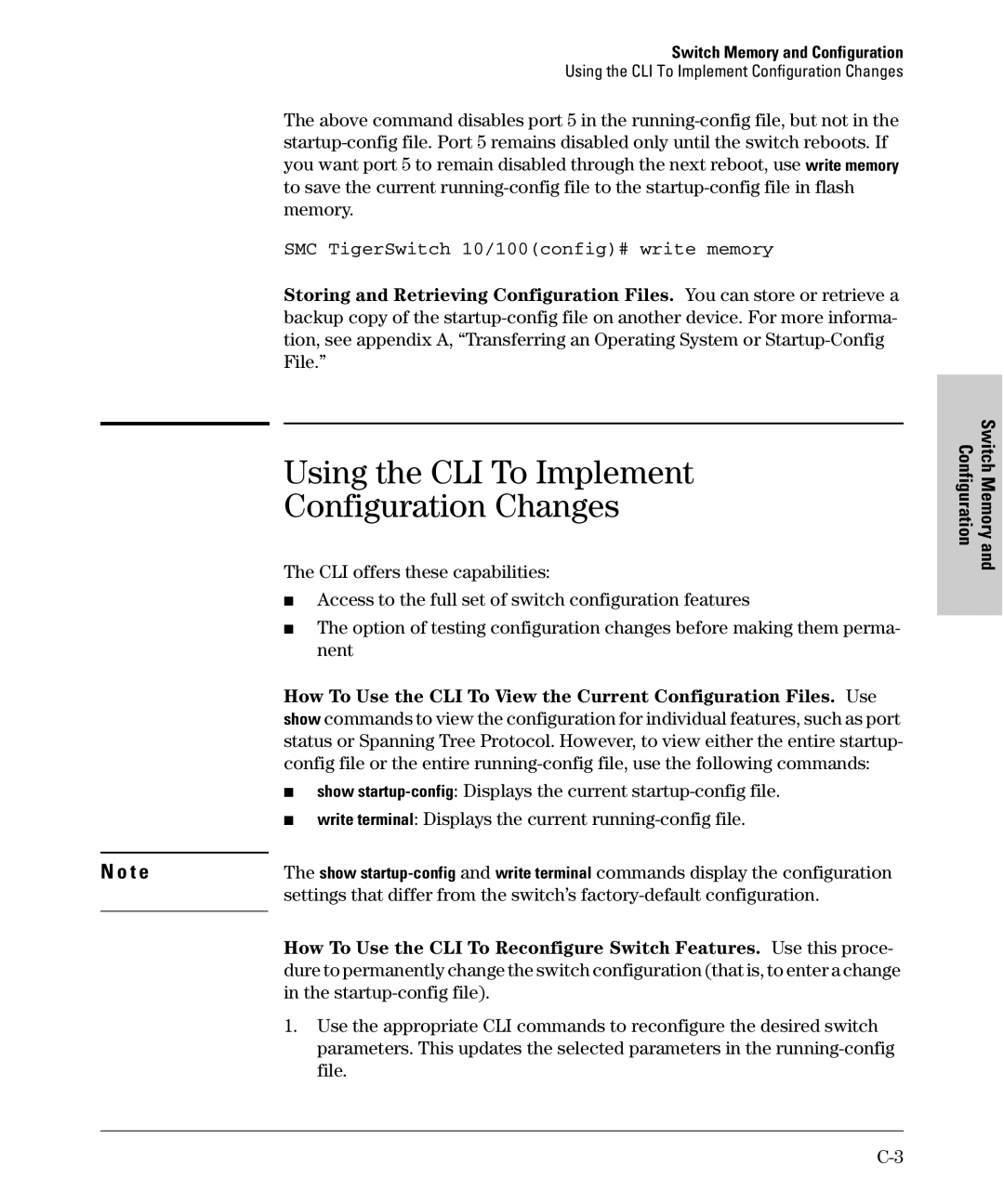 SMC Networks SMC6624M manual Using the CLI To Implement Configuration Changes, SMC TigerSwitch 10/100config# write memory 