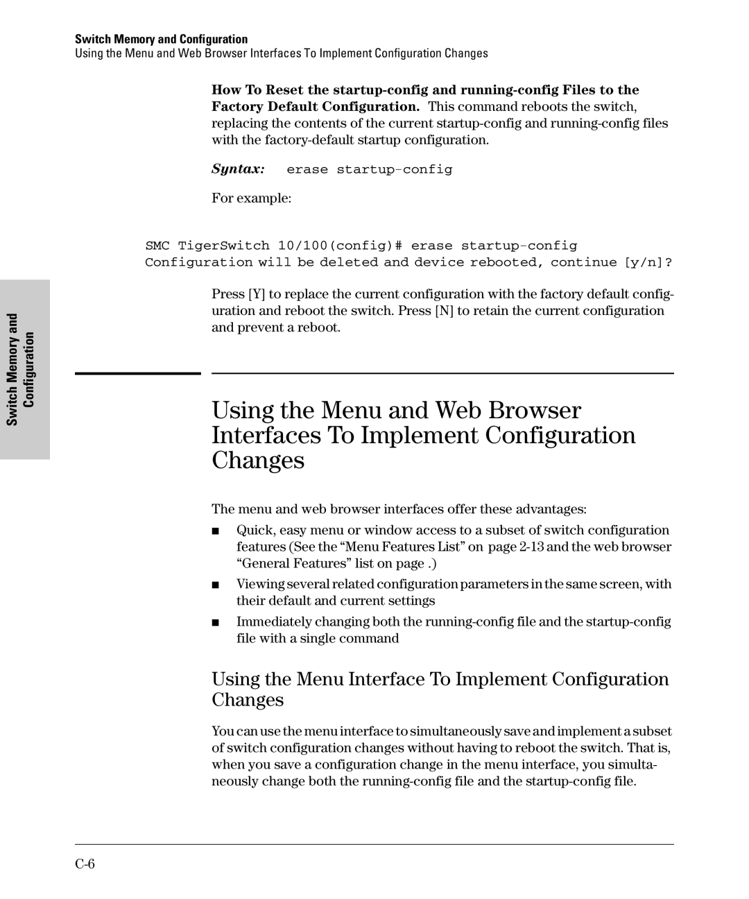 SMC Networks SMC6624M manual Using the Menu Interface To Implement Configuration Changes, Syntax erase startup-config 