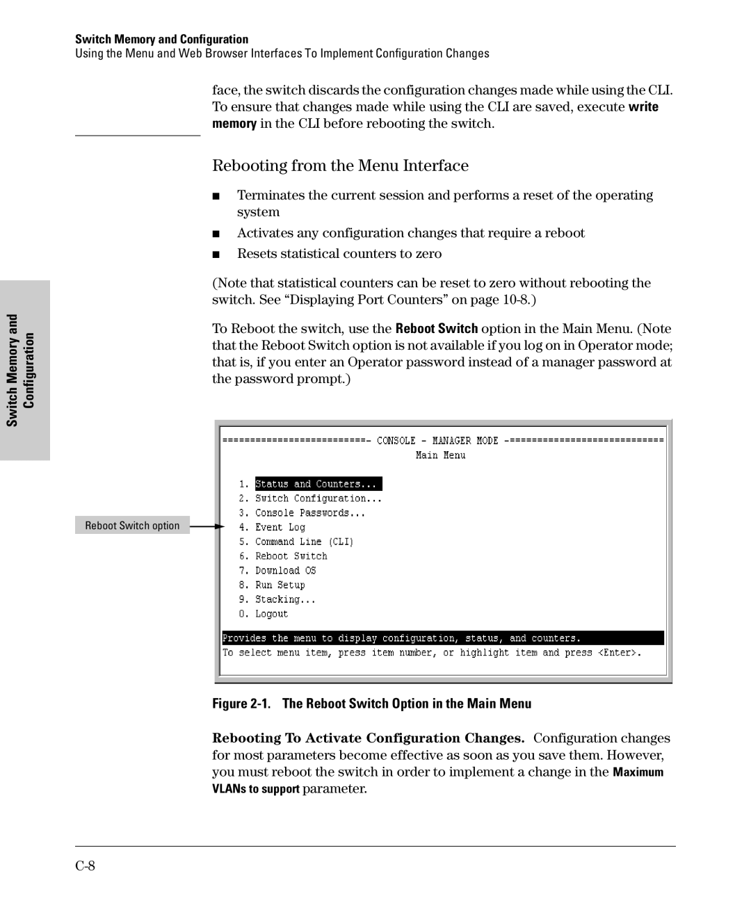 SMC Networks SMC6624M manual Rebooting from the Menu Interface, Reboot Switch Option in the Main Menu 