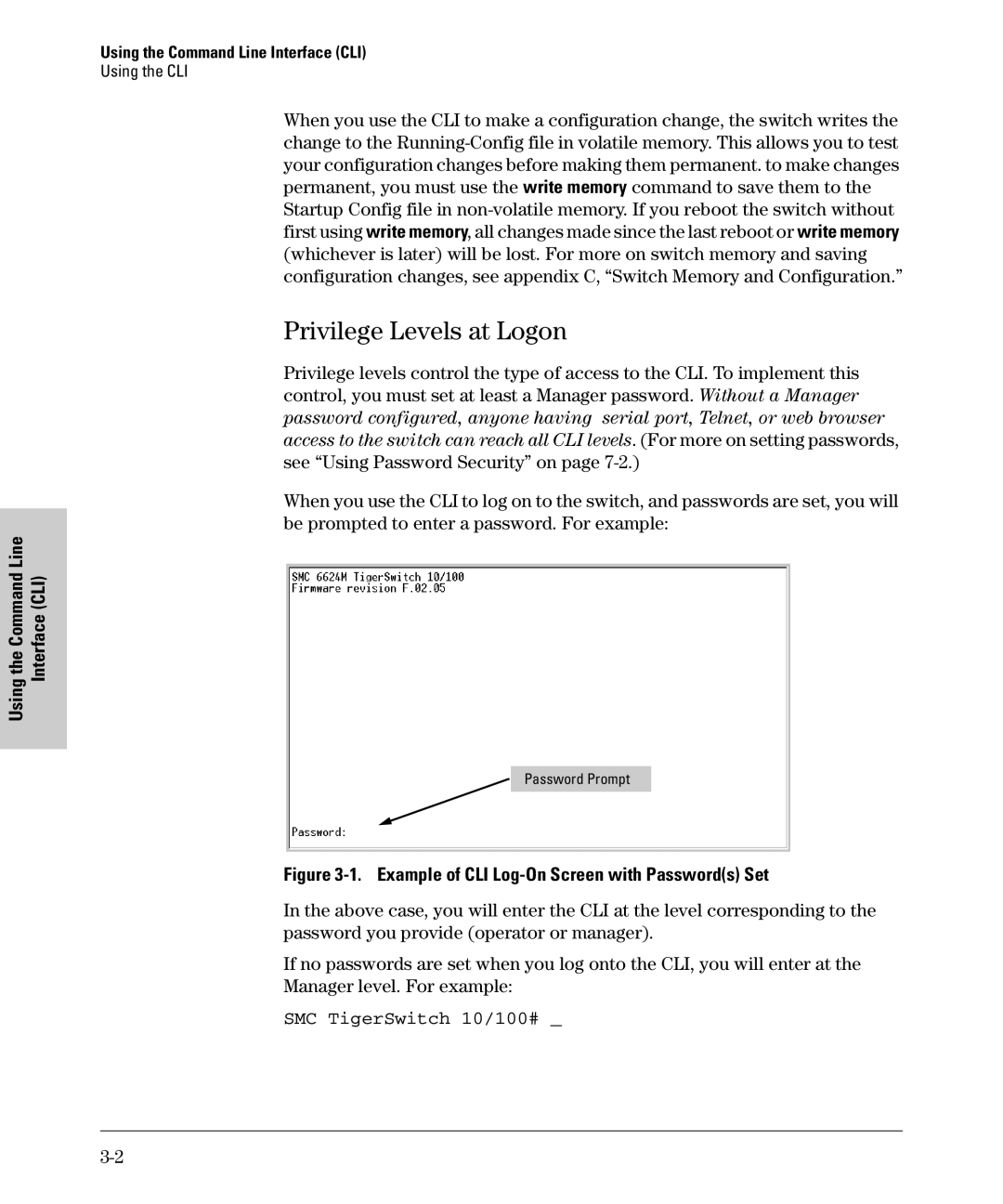 SMC Networks SMC6624M manual Privilege Levels at Logon, Interface CLI, SMC TigerSwitch 10/100#, Using the CLI 