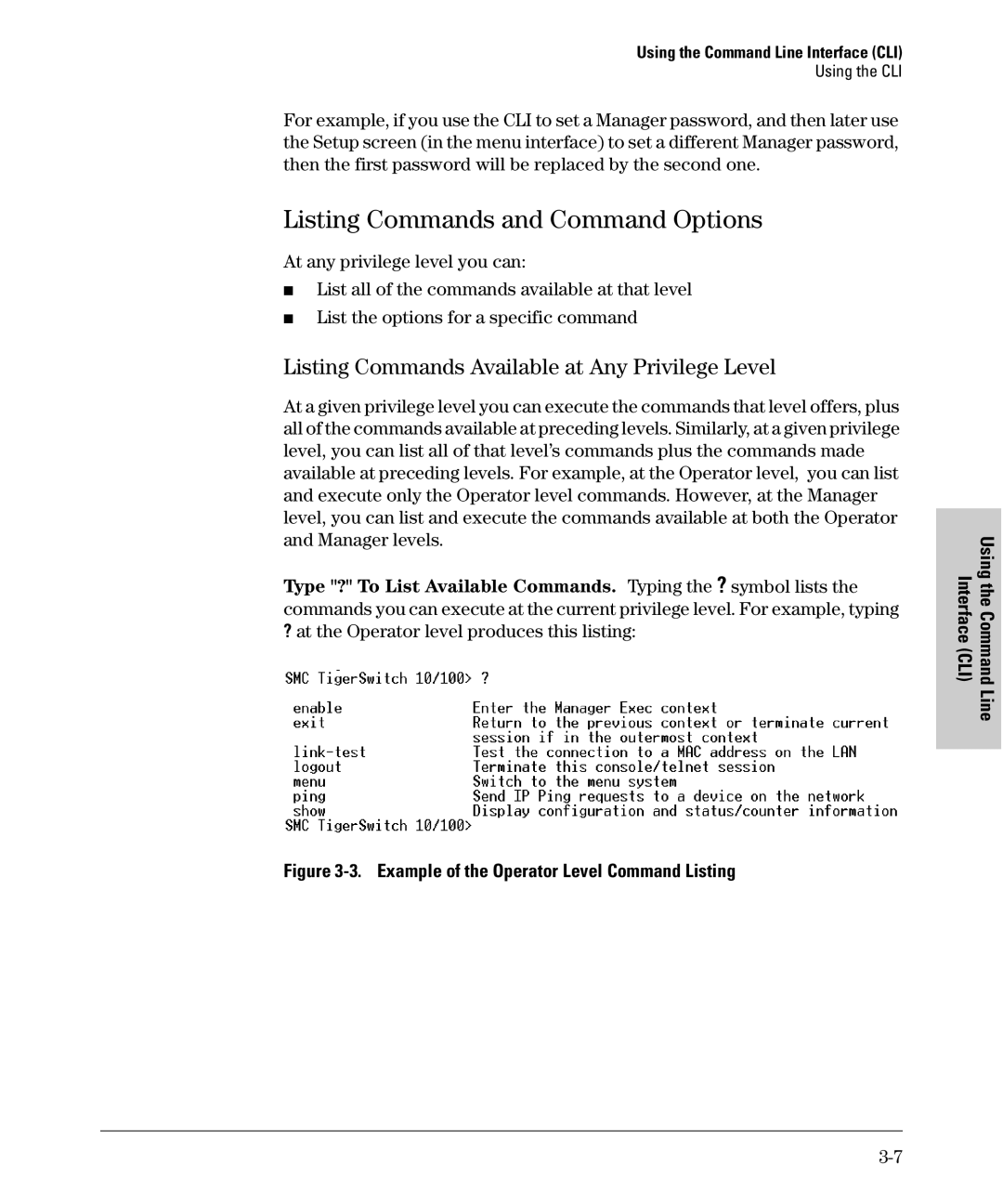 SMC Networks SMC6624M manual Listing Commands and Command Options, Listing Commands Available at Any Privilege Level 