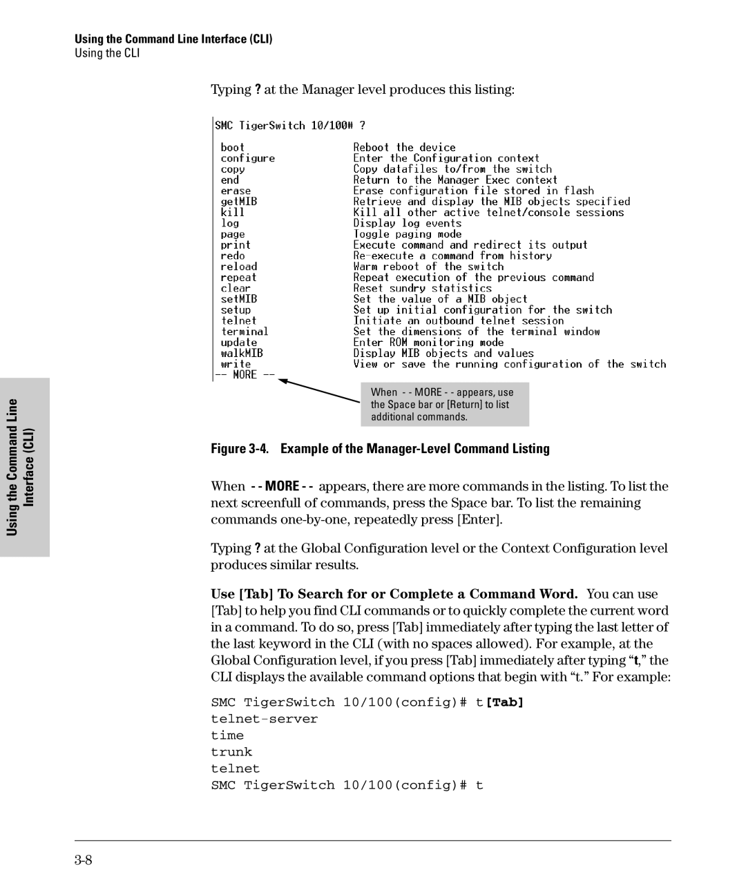 SMC Networks SMC6624M Typing ? at the Manager level produces this listing, Example of the Manager-Level Command Listing 