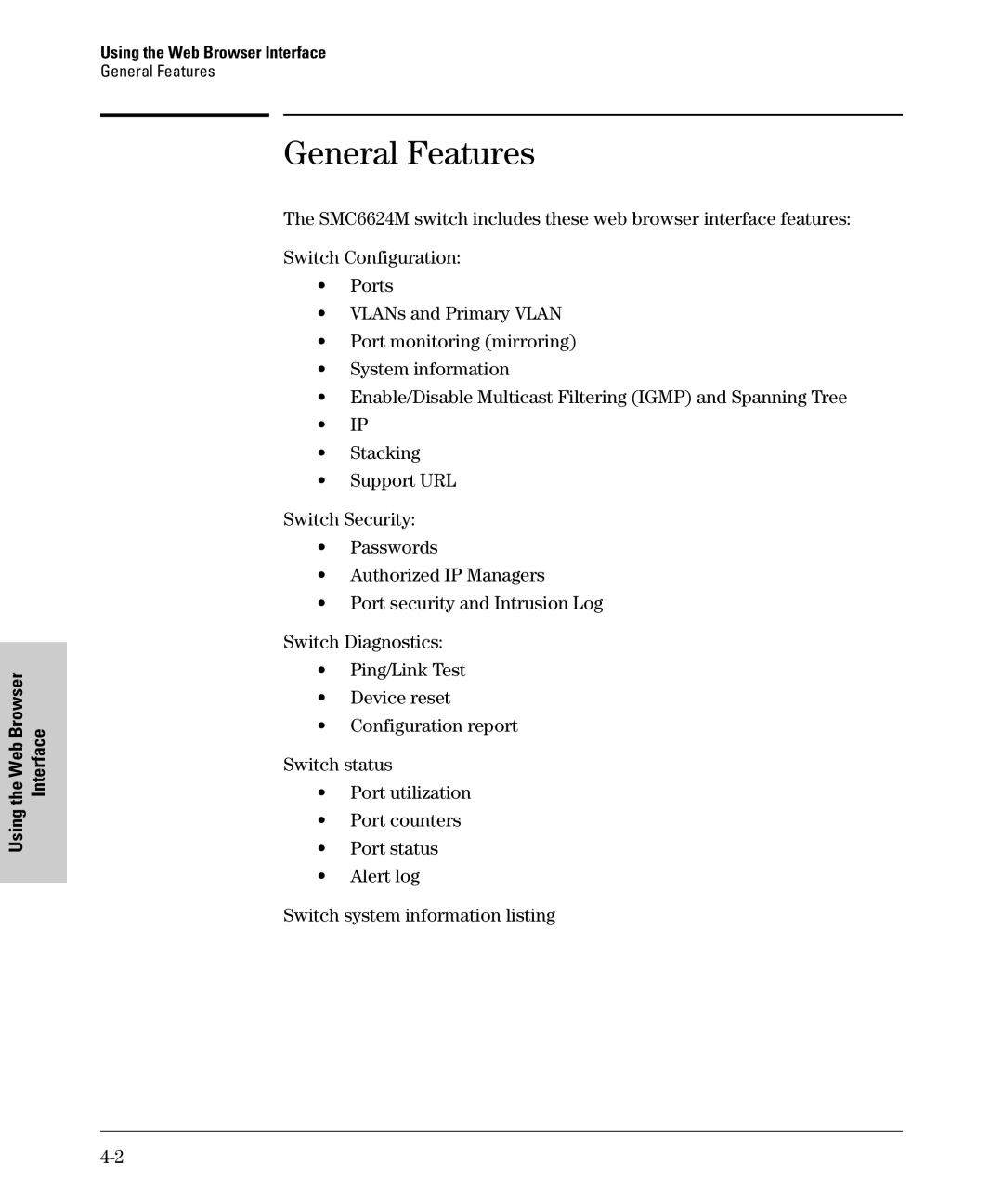 SMC Networks SMC6624M manual General Features, Using Using the Web Browser Interface 