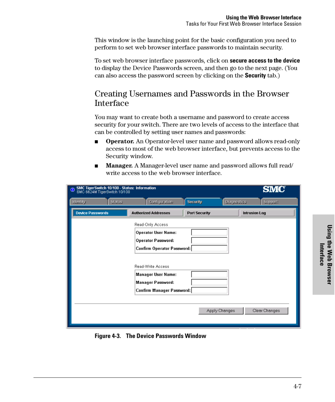 SMC Networks SMC6624M manual Creating Usernames and Passwords in the Browser Interface, Device Passwords Window 