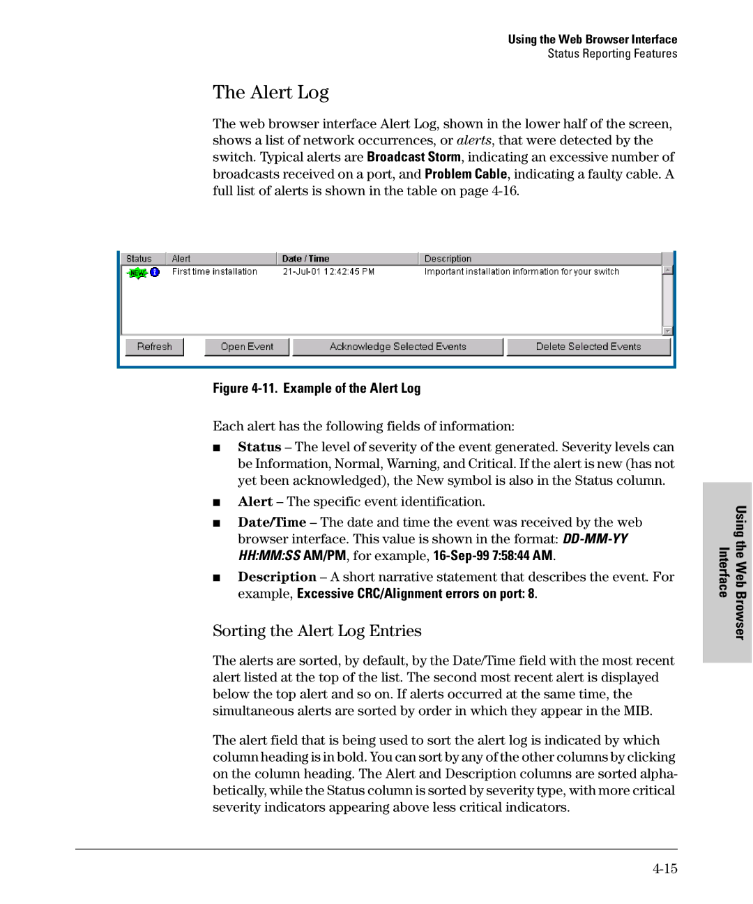 SMC Networks SMC6624M manual Sorting the Alert Log Entries, Each alert has the following fields of information 