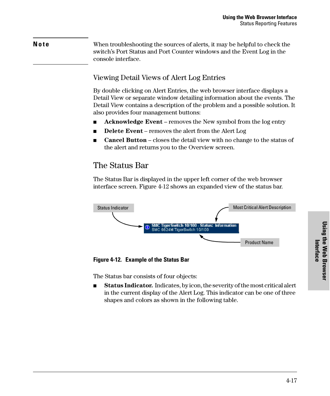 SMC Networks SMC6624M manual Status Bar, Viewing Detail Views of Alert Log Entries, Console interface 