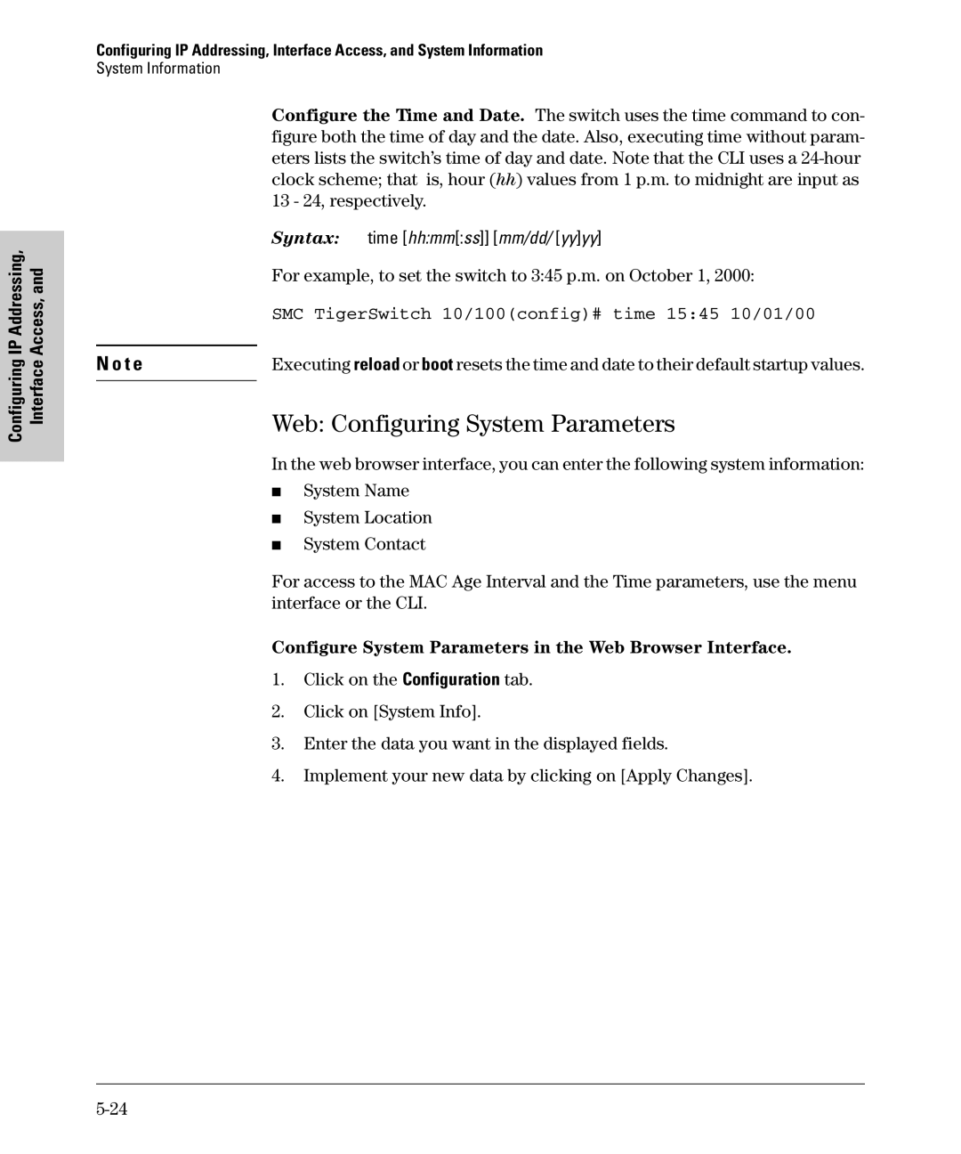 SMC Networks SMC6624M manual Web Configuring System Parameters, For example, to set the switch to 345 p.m. on October 1 