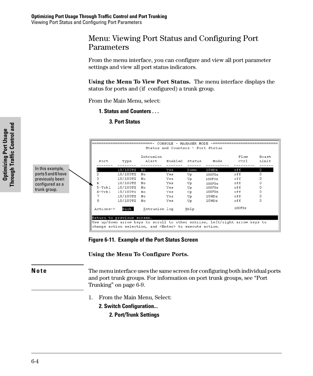 SMC Networks SMC6624M manual Menu Viewing Port Status and Configuring Port Parameters, Using the Menu To Configure Ports 