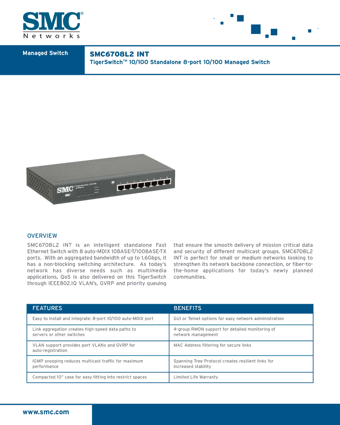 SMC Networks SMC6708L2 INT warranty Managed Switch, Overview, Features Benefits 