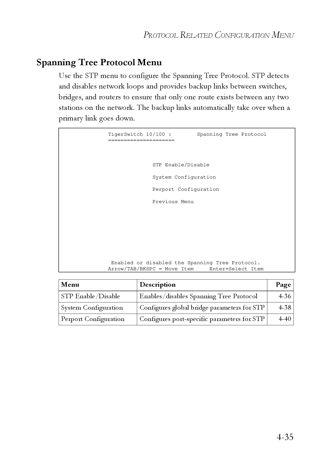 SMC Networks SMC6709L2 manual Spanning Tree Protocol Menu 