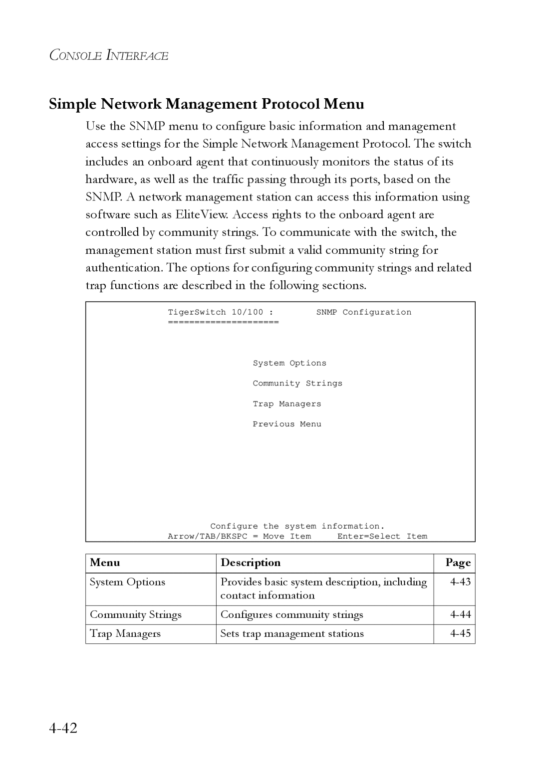 SMC Networks SMC6709L2 manual Simple Network Management Protocol Menu 