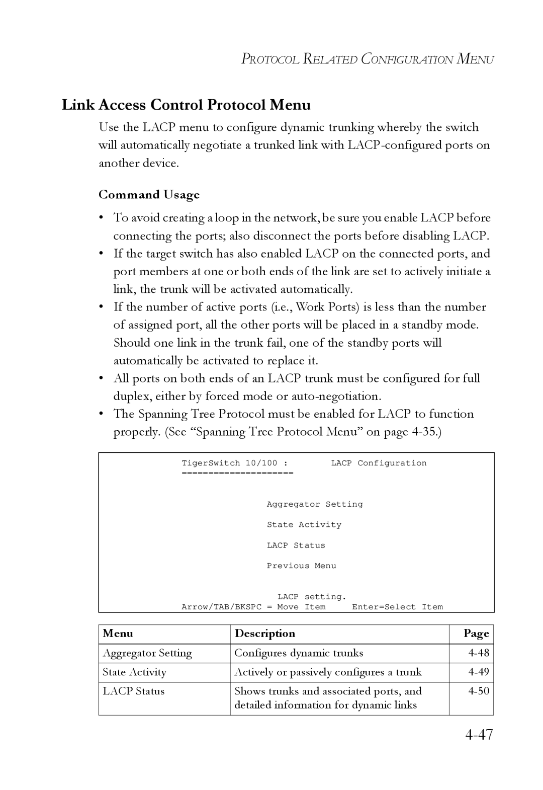 SMC Networks SMC6709L2 manual Link Access Control Protocol Menu, Command Usage 