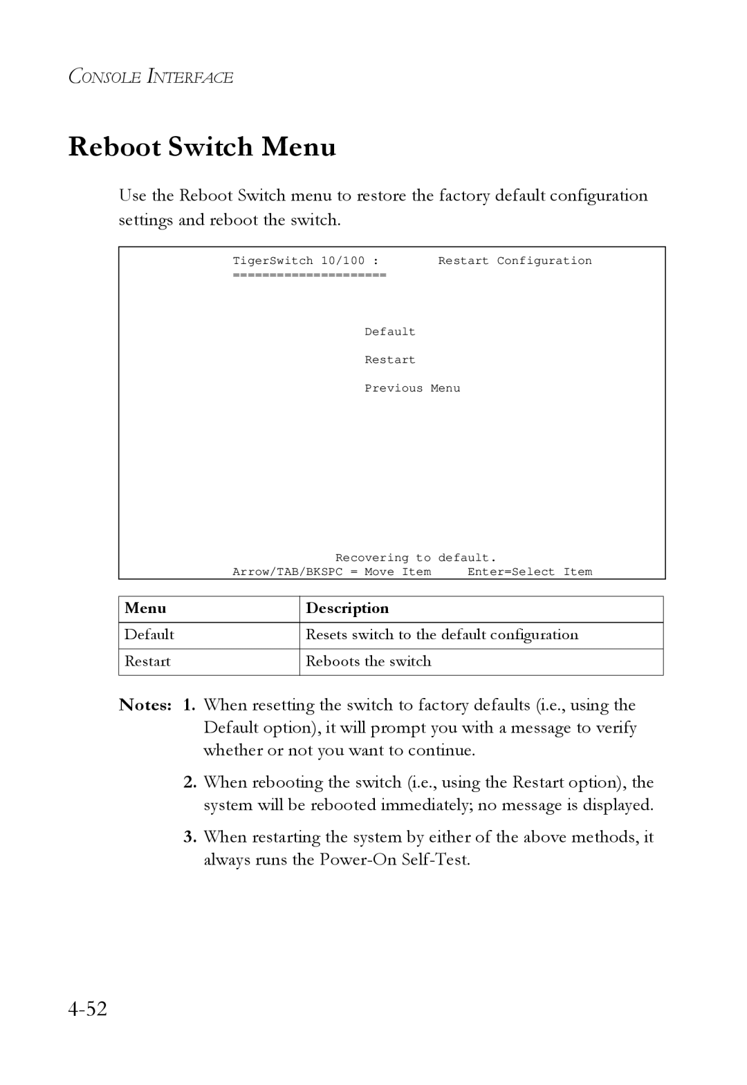 SMC Networks SMC6709L2 manual Reboot Switch Menu 