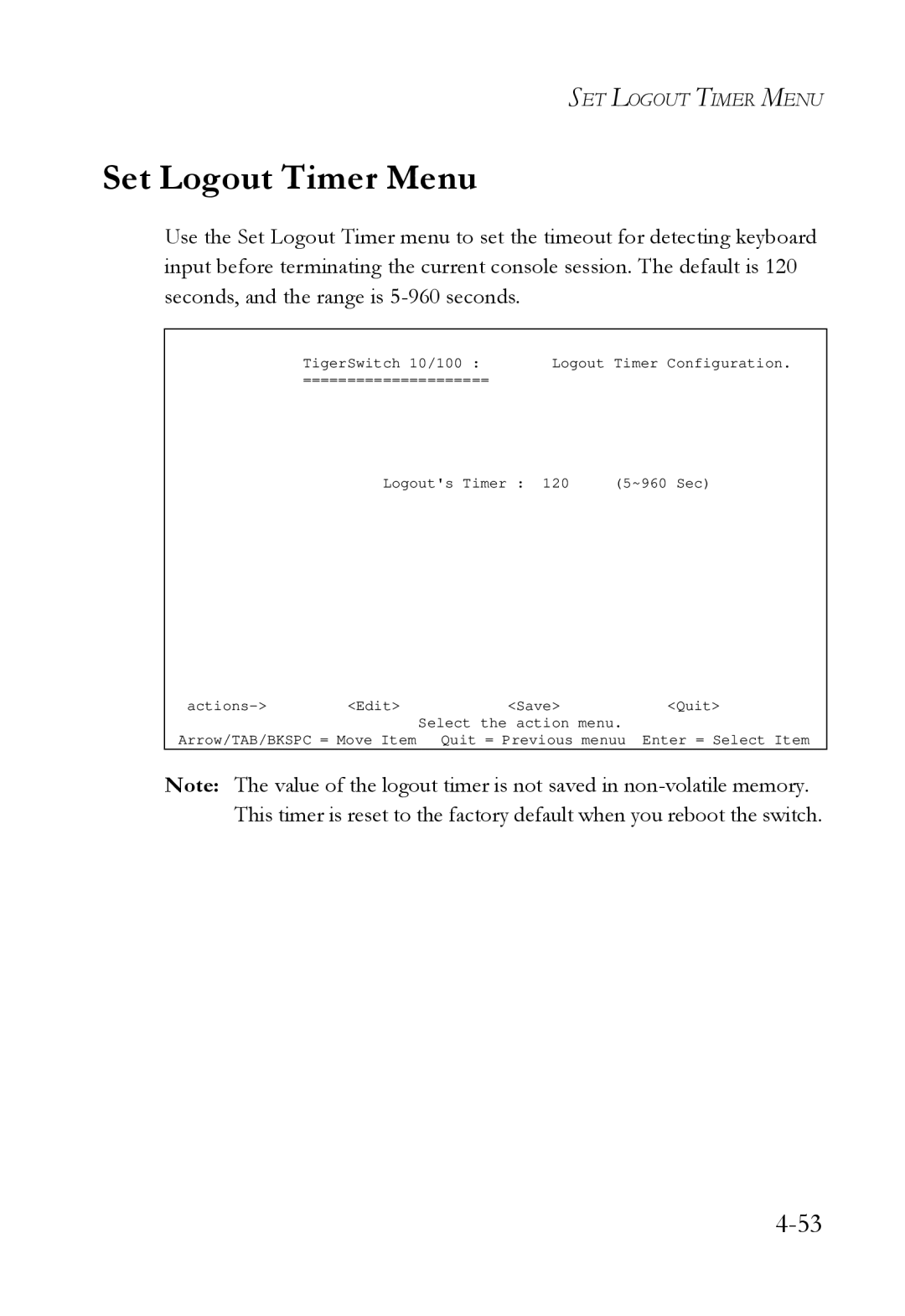 SMC Networks SMC6709L2 manual Set Logout Timer Menu 