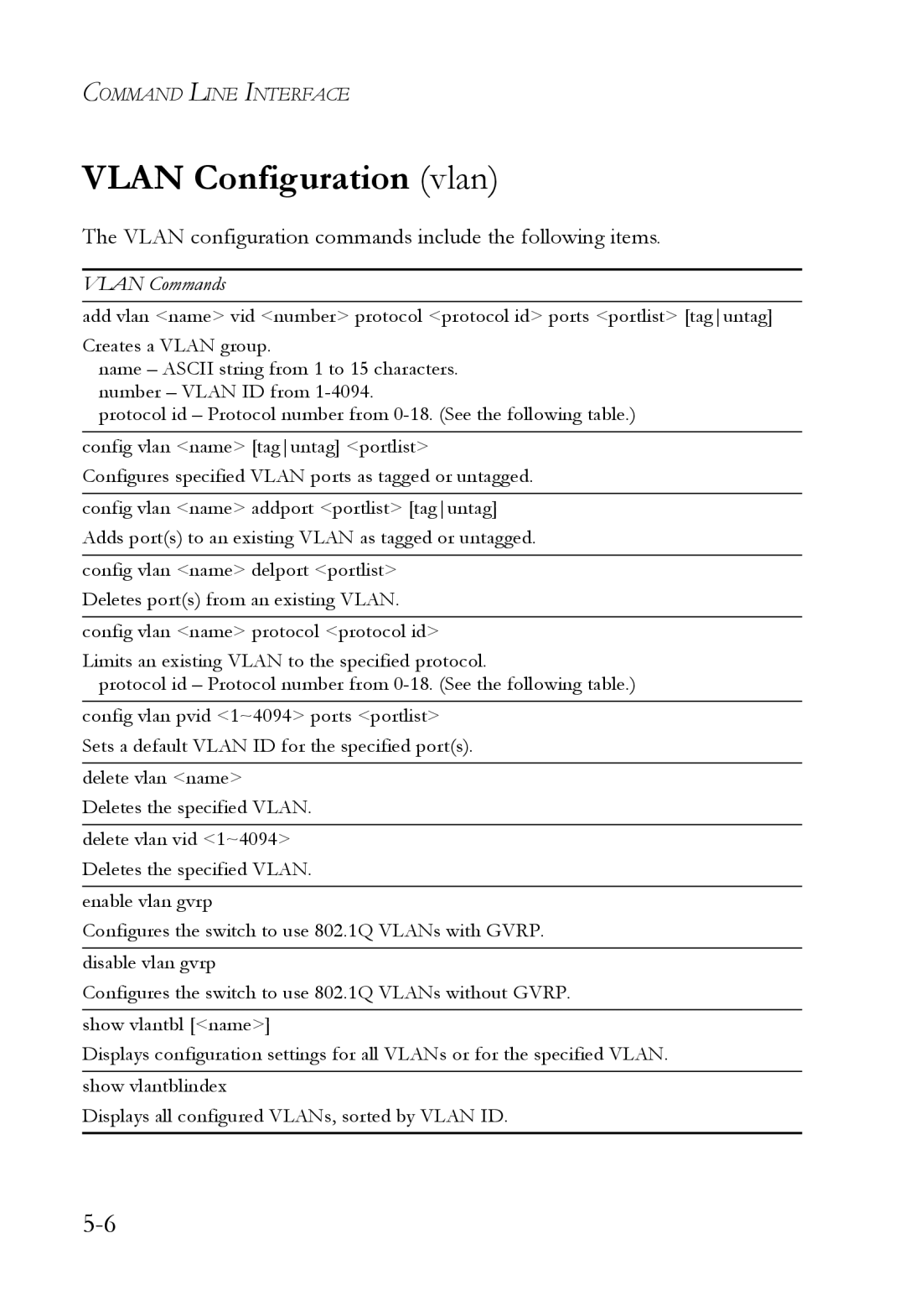 SMC Networks SMC6709L2 manual Vlan Configuration vlan, Vlan configuration commands include the following items 