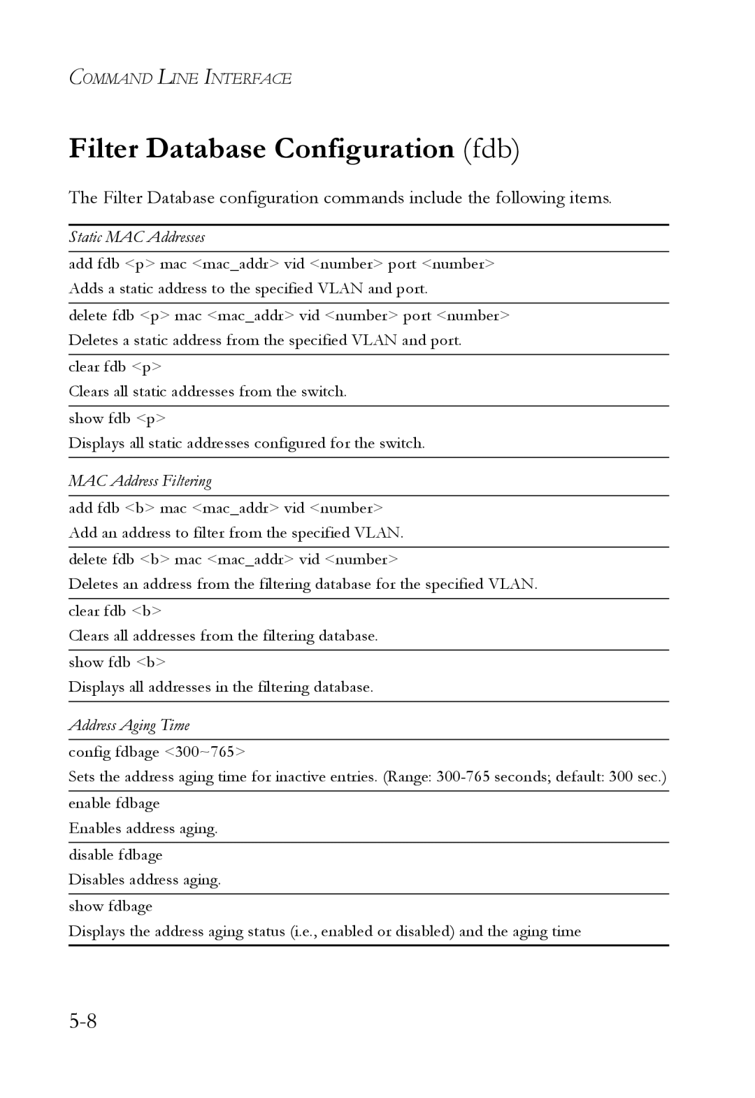 SMC Networks SMC6709L2 manual Filter Database Configuration fdb, Static MAC Addresses 