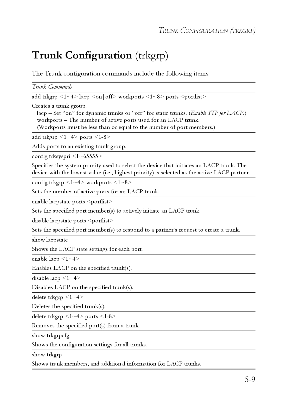 SMC Networks SMC6709L2 manual Trunk Configuration trkgrp, Trunk configuration commands include the following items 