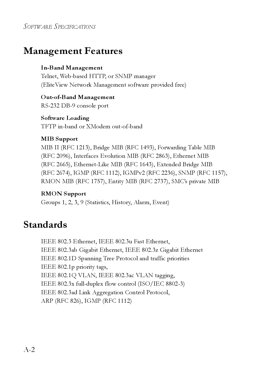 SMC Networks SMC6709L2 manual Management Features, Standards 