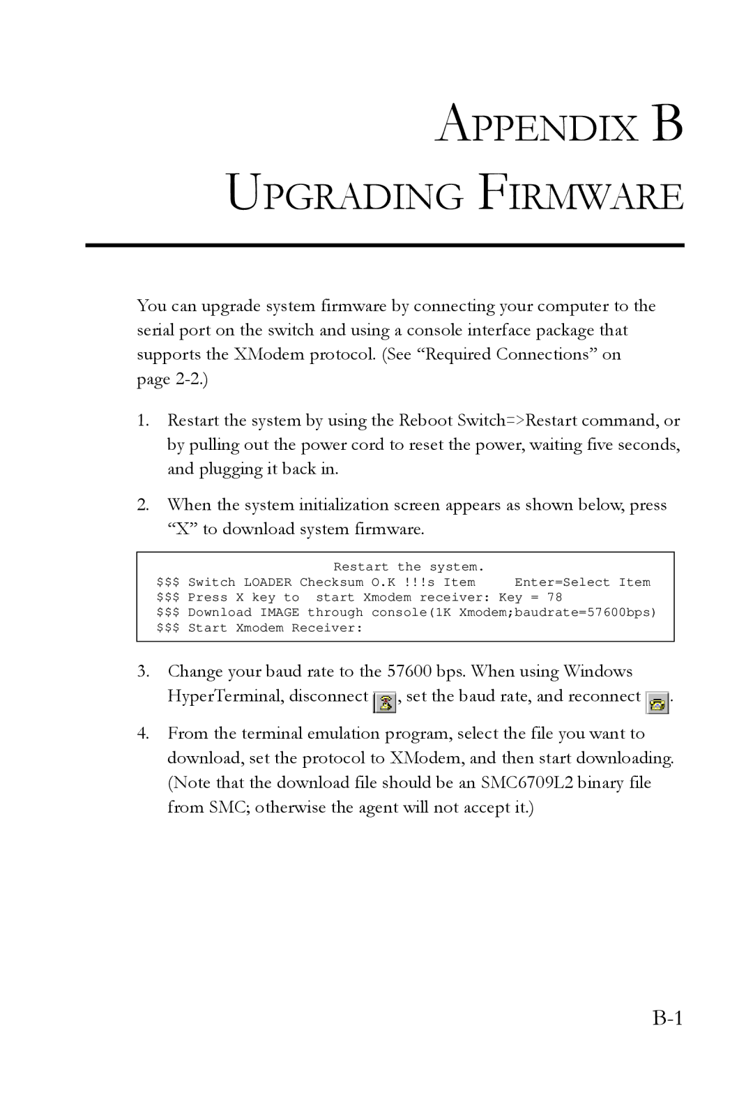 SMC Networks SMC6709L2 manual Appendix B Upgrading Firmware 