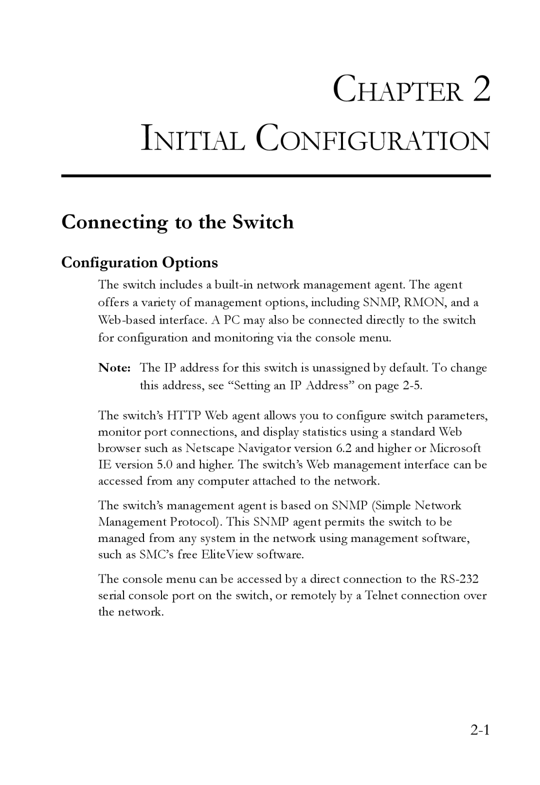 SMC Networks SMC6709L2 manual Connecting to the Switch, Configuration Options 