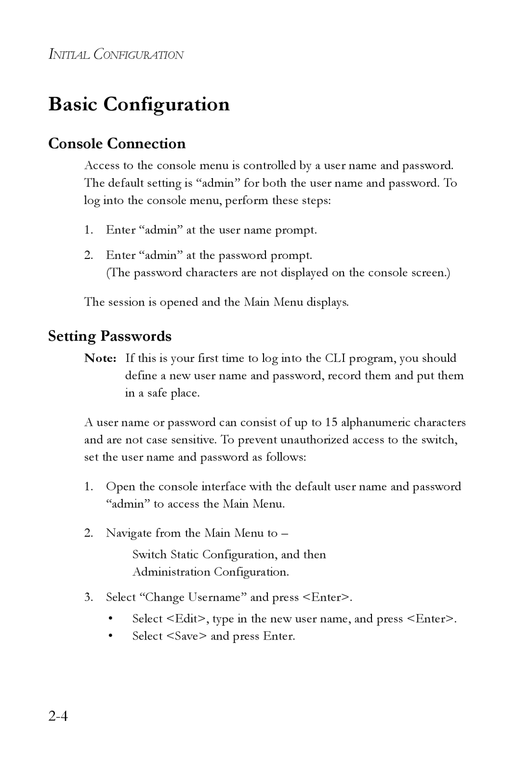 SMC Networks SMC6709L2 manual Basic Configuration, Console Connection, Setting Passwords 