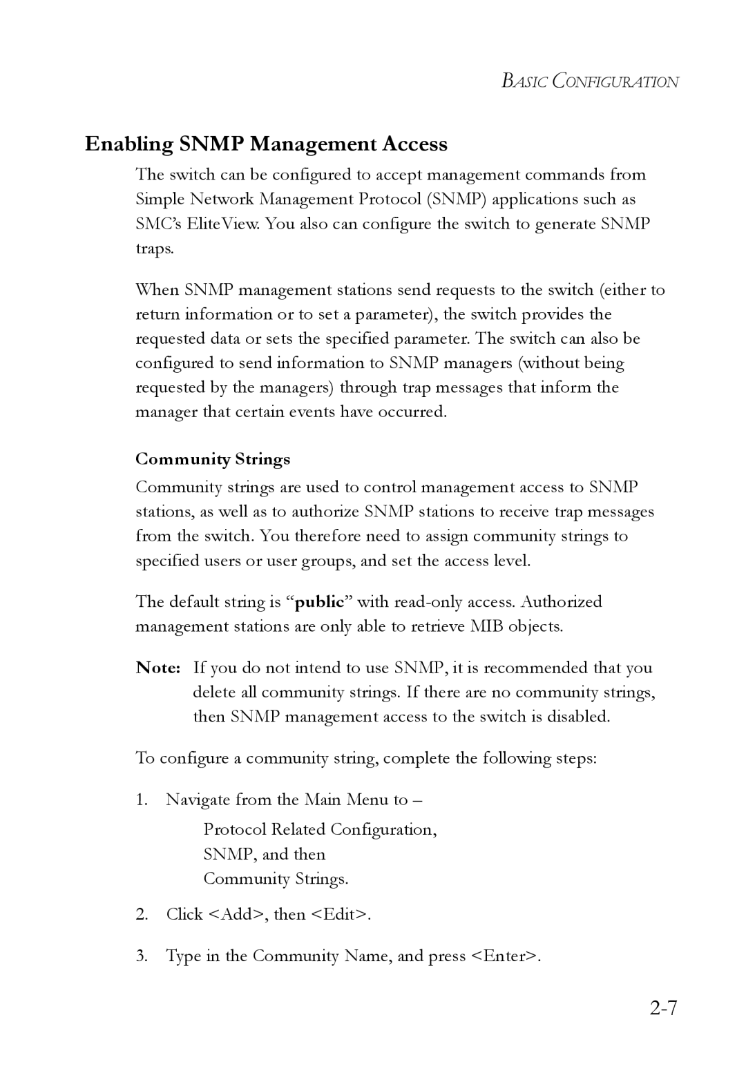 SMC Networks SMC6709L2 manual Enabling Snmp Management Access, Community Strings 