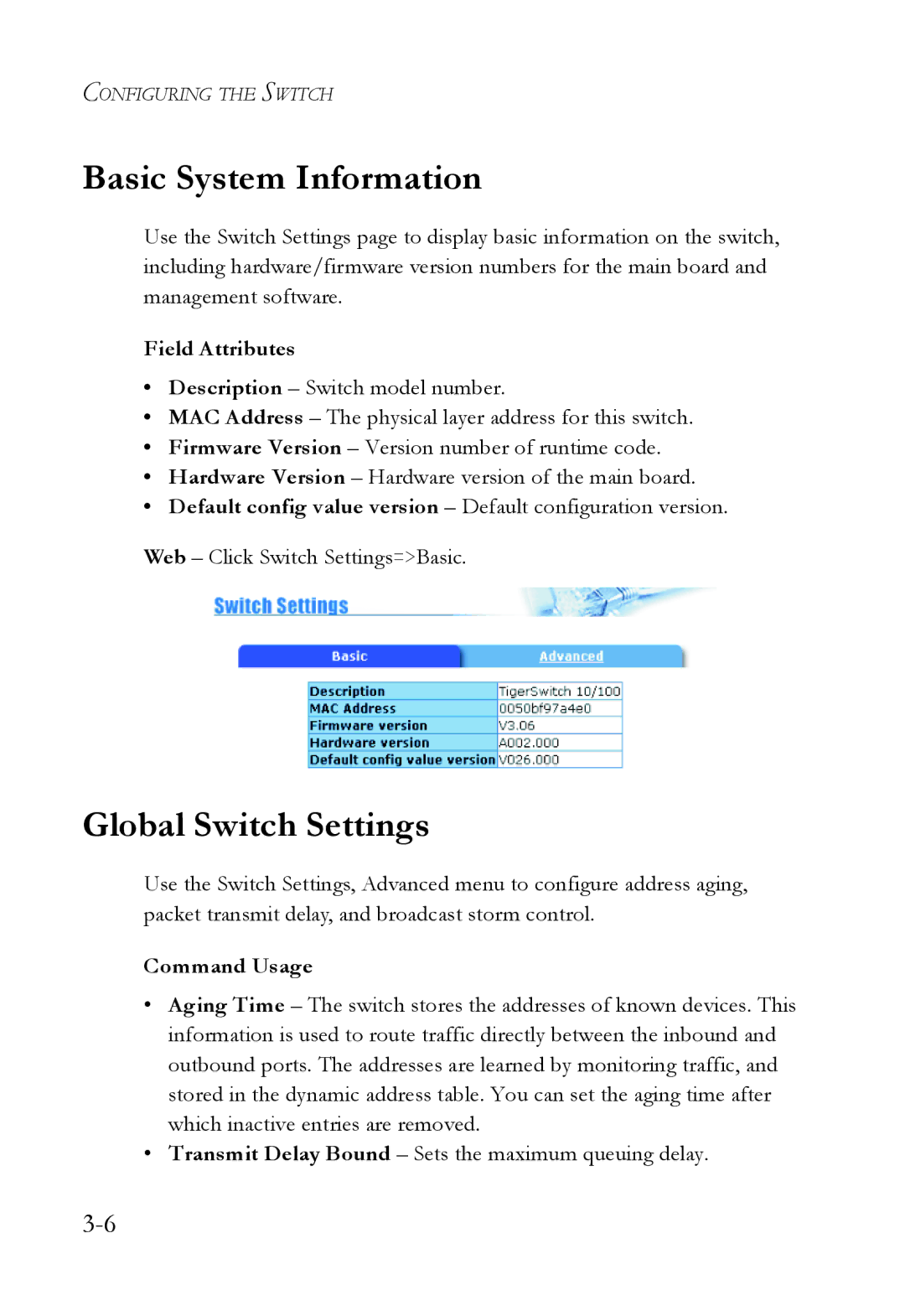 SMC Networks SMC6709L2 manual Basic System Information, Global Switch Settings, Field Attributes, Command Usage 