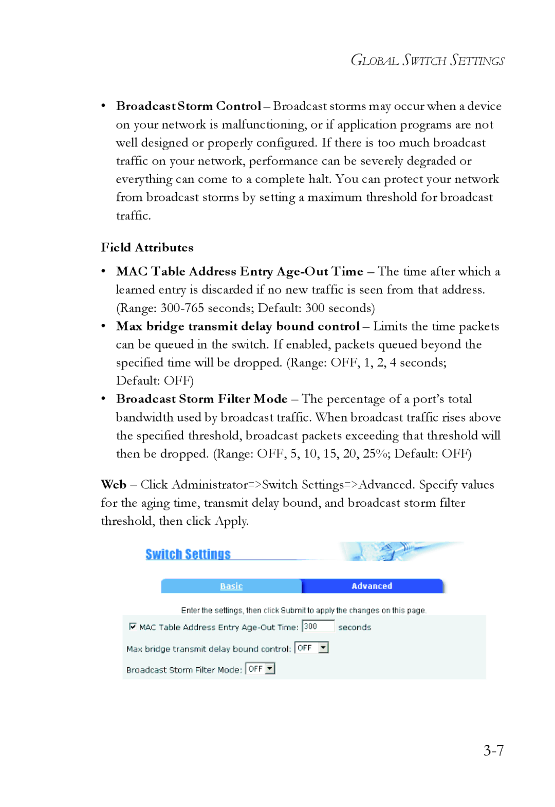 SMC Networks SMC6709L2 manual Global Switch Settings 