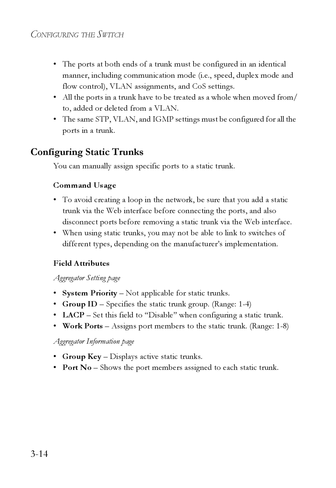 SMC Networks SMC6709L2 manual Configuring Static Trunks, Aggregator Setting 