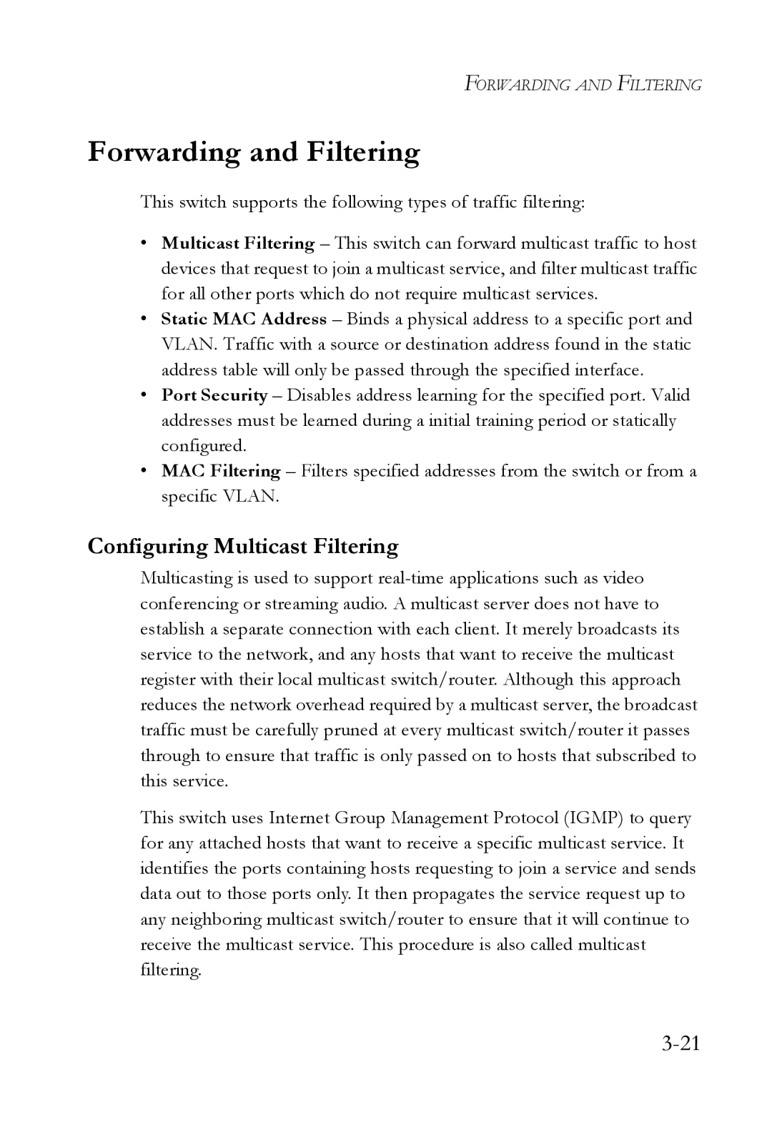 SMC Networks SMC6709L2 manual Forwarding and Filtering, Configuring Multicast Filtering 