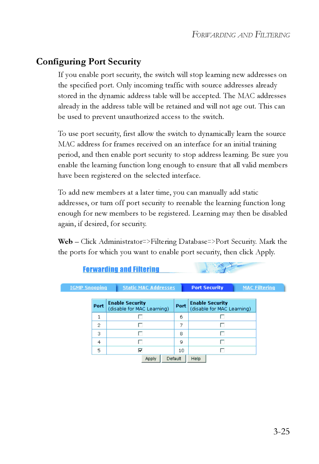 SMC Networks SMC6709L2 manual Configuring Port Security 