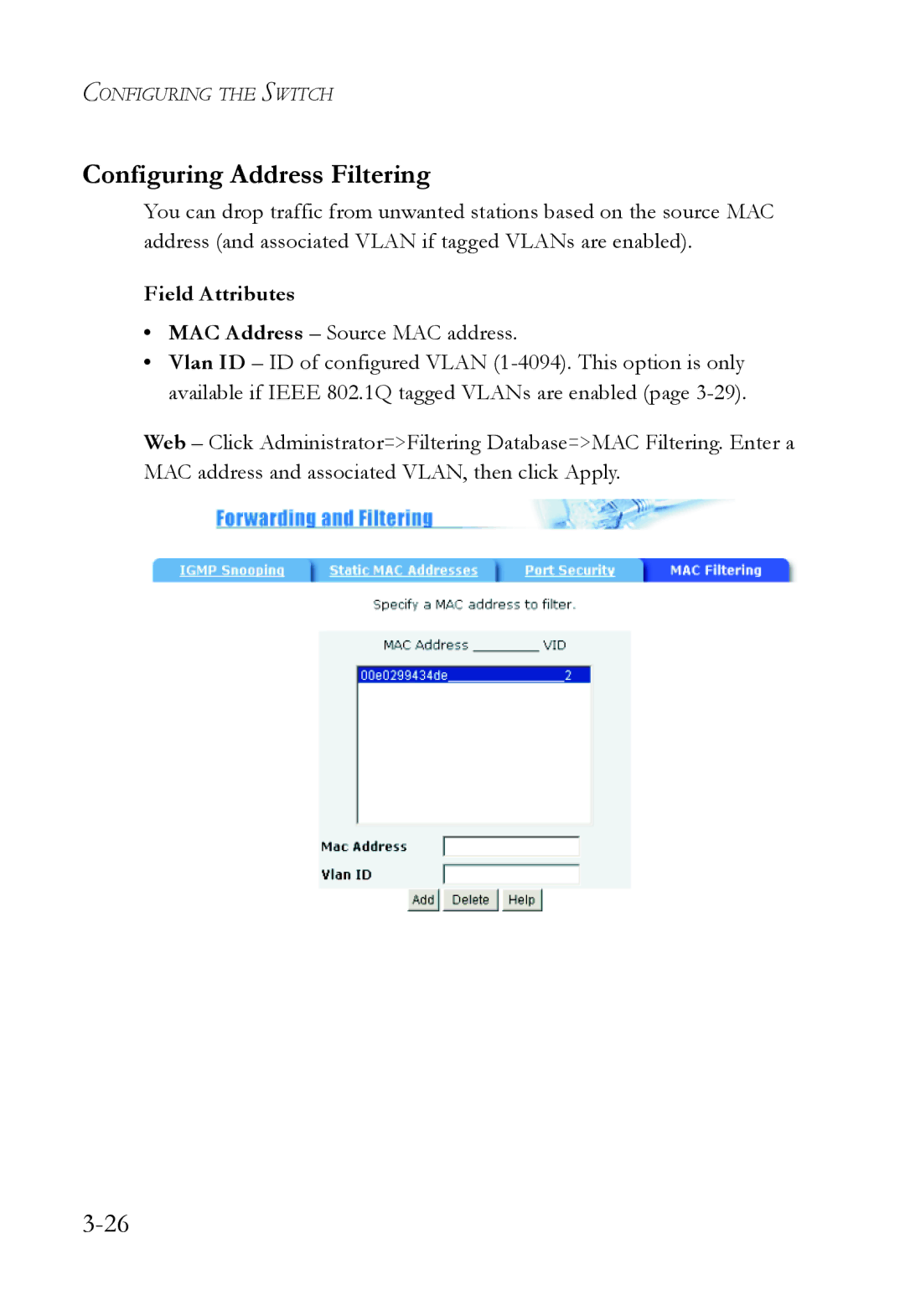 SMC Networks SMC6709L2 manual Configuring Address Filtering 