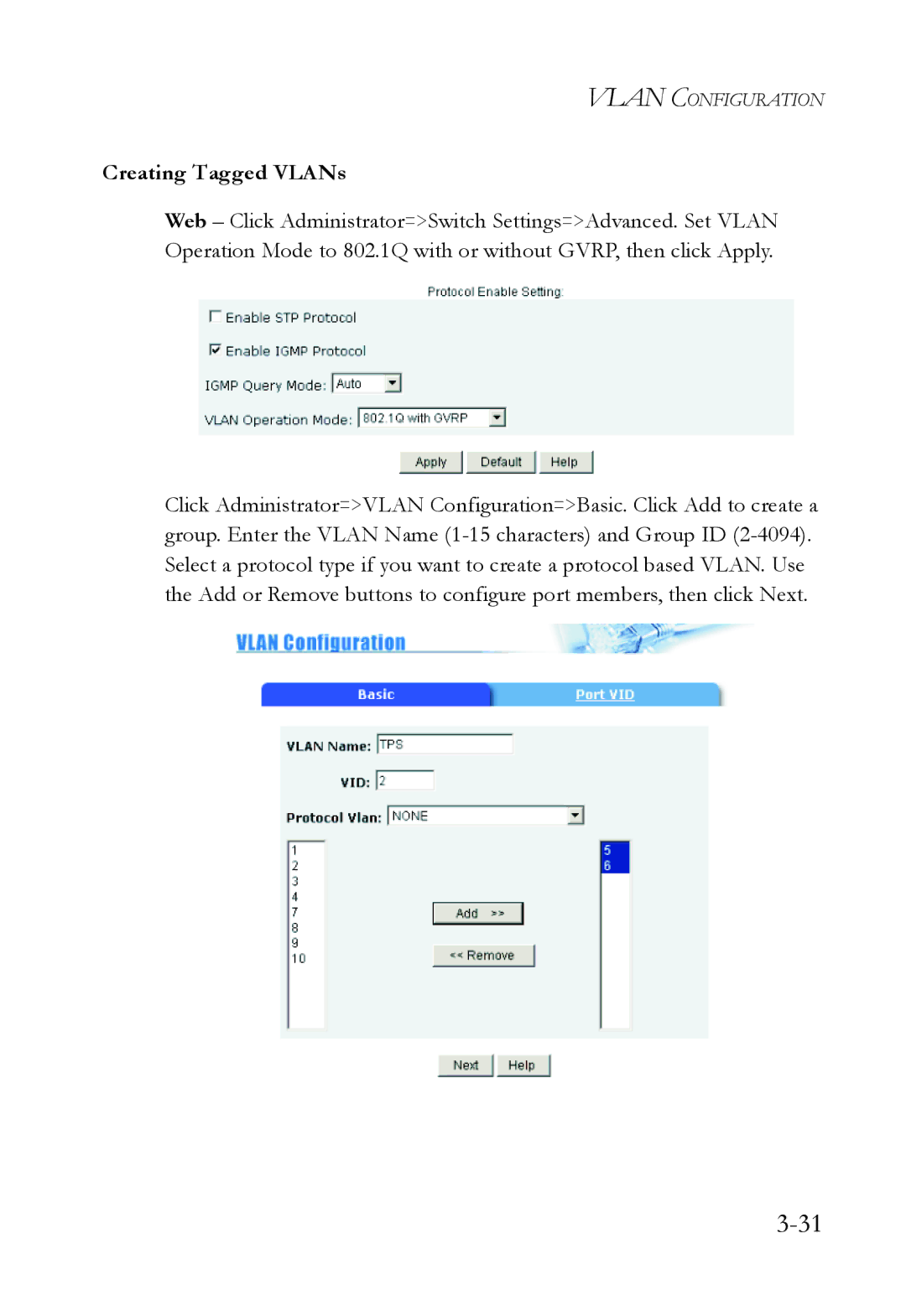 SMC Networks SMC6709L2 manual Creating Tagged VLANs 