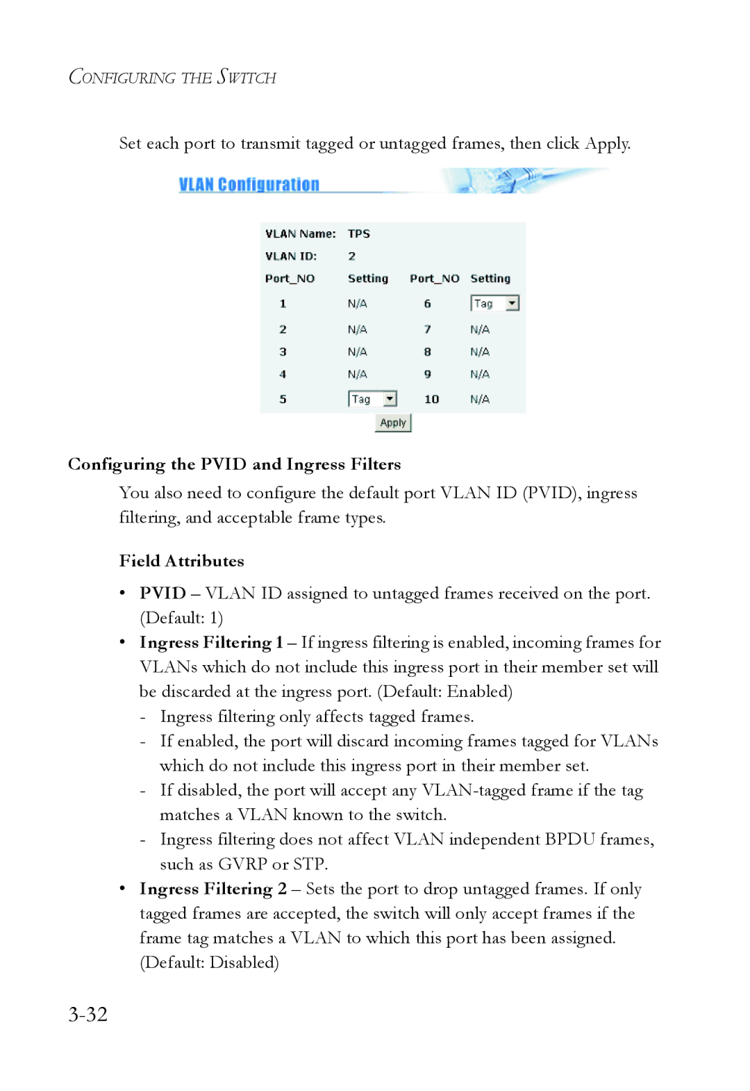 SMC Networks SMC6709L2 manual Configuring the Pvid and Ingress Filters, Field Attributes 