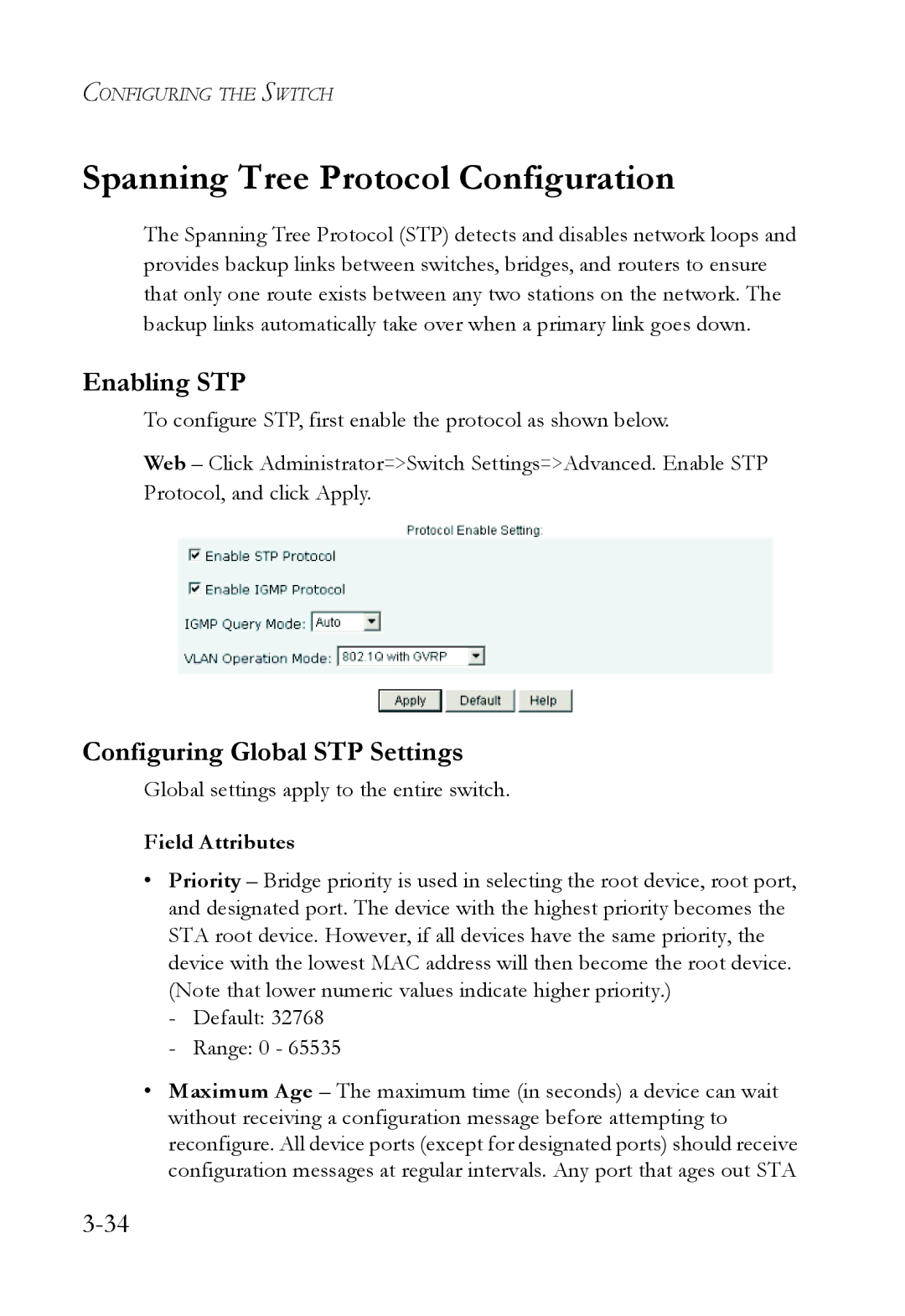 SMC Networks SMC6709L2 manual Spanning Tree Protocol Configuration, Enabling STP, Configuring Global STP Settings 