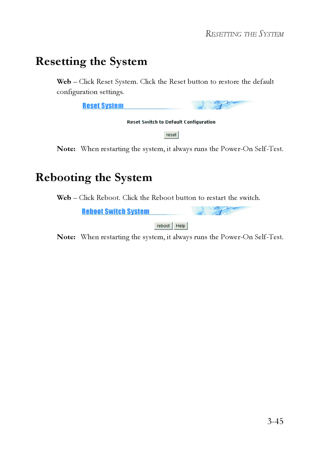 SMC Networks SMC6709L2 manual Resetting the System, Rebooting the System 