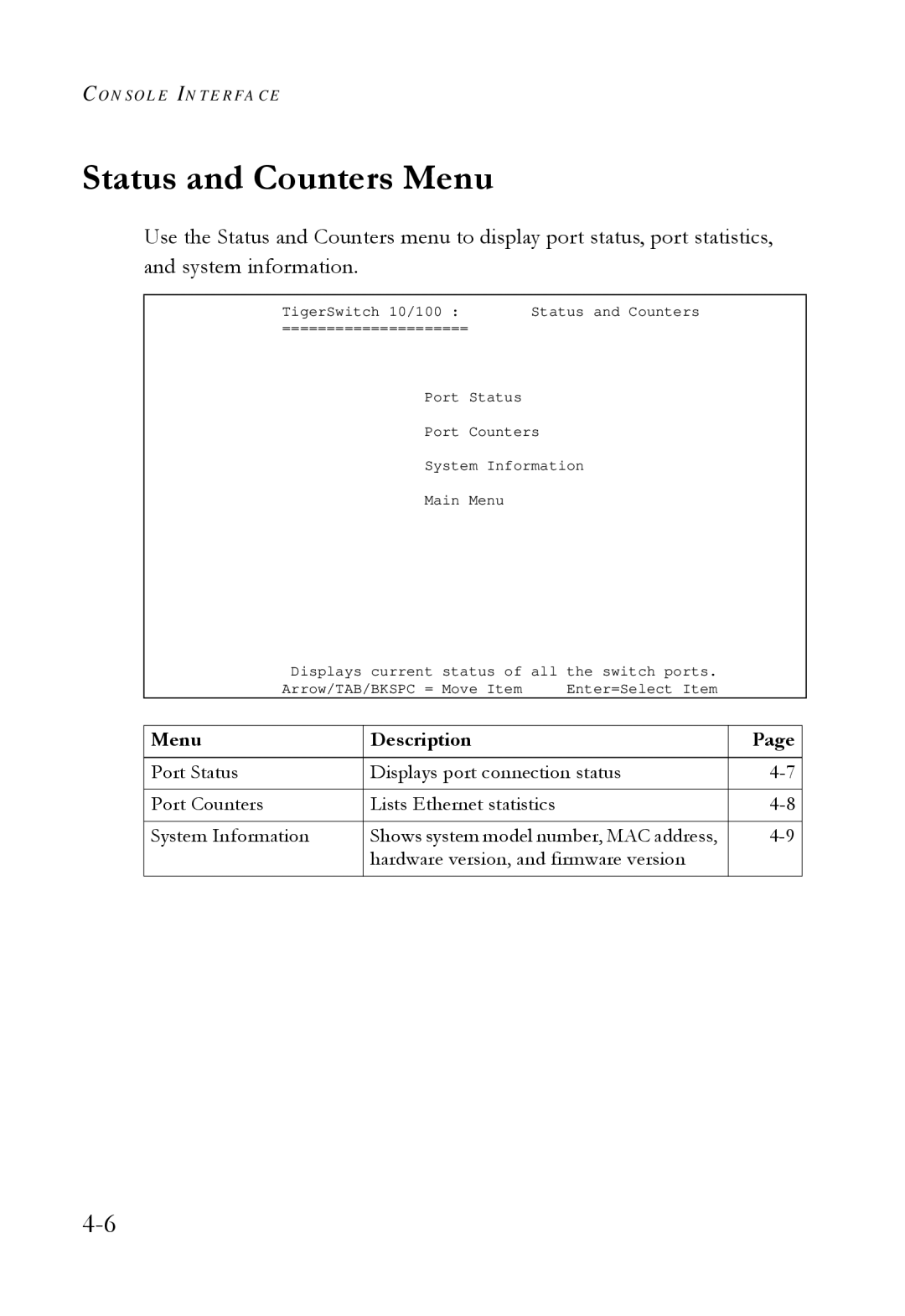 SMC Networks SMC6709L2 manual Status and Counters Menu 