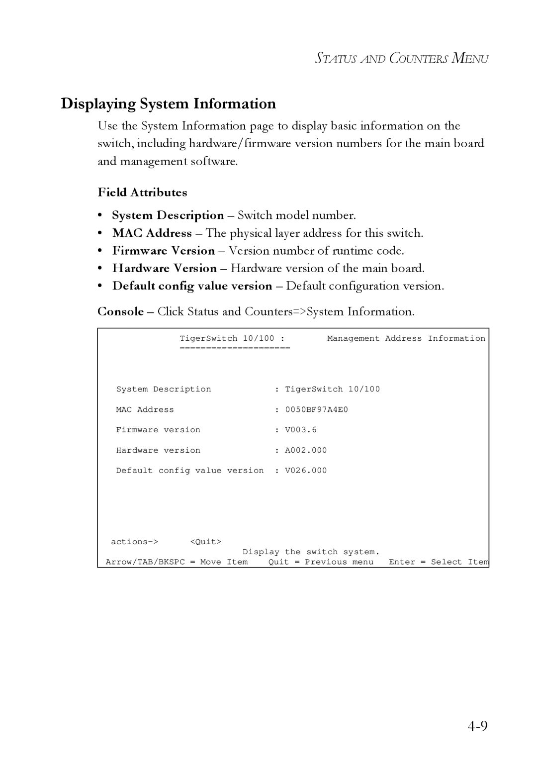 SMC Networks SMC6709L2 manual Displaying System Information 