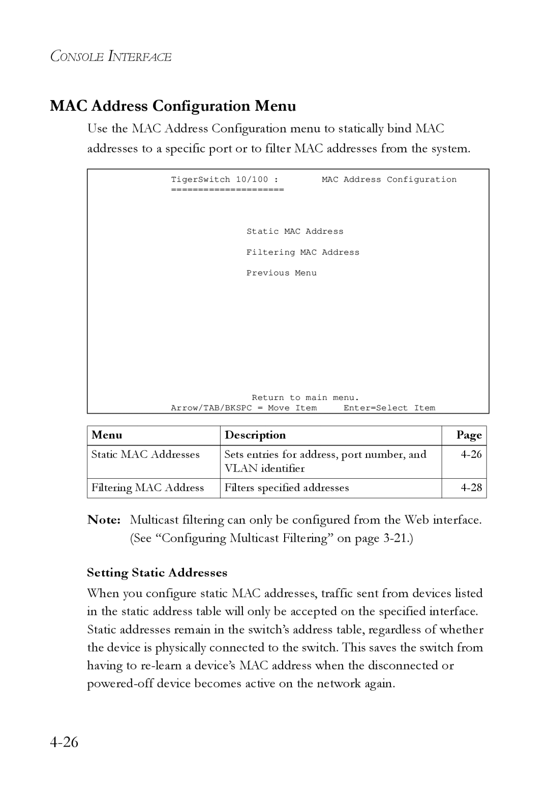 SMC Networks SMC6709L2 manual MAC Address Configuration Menu, Setting Static Addresses 