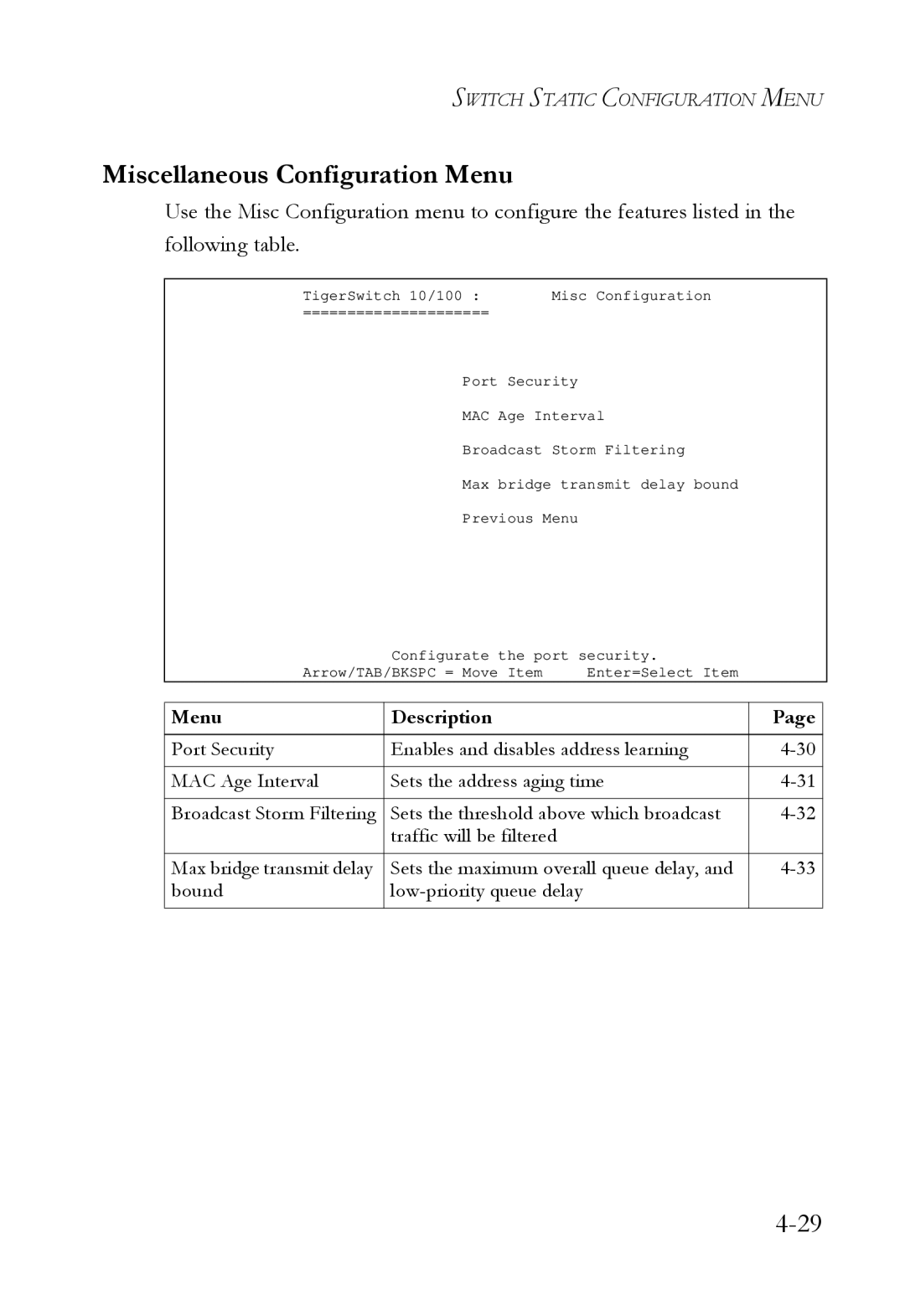 SMC Networks SMC6709L2 manual Miscellaneous Configuration Menu 