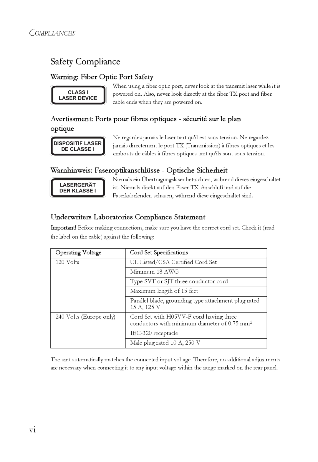 SMC Networks SMC6724AL2 manual Safety Compliance, Warnhinweis Faseroptikanschlüsse Optische Sicherheit 