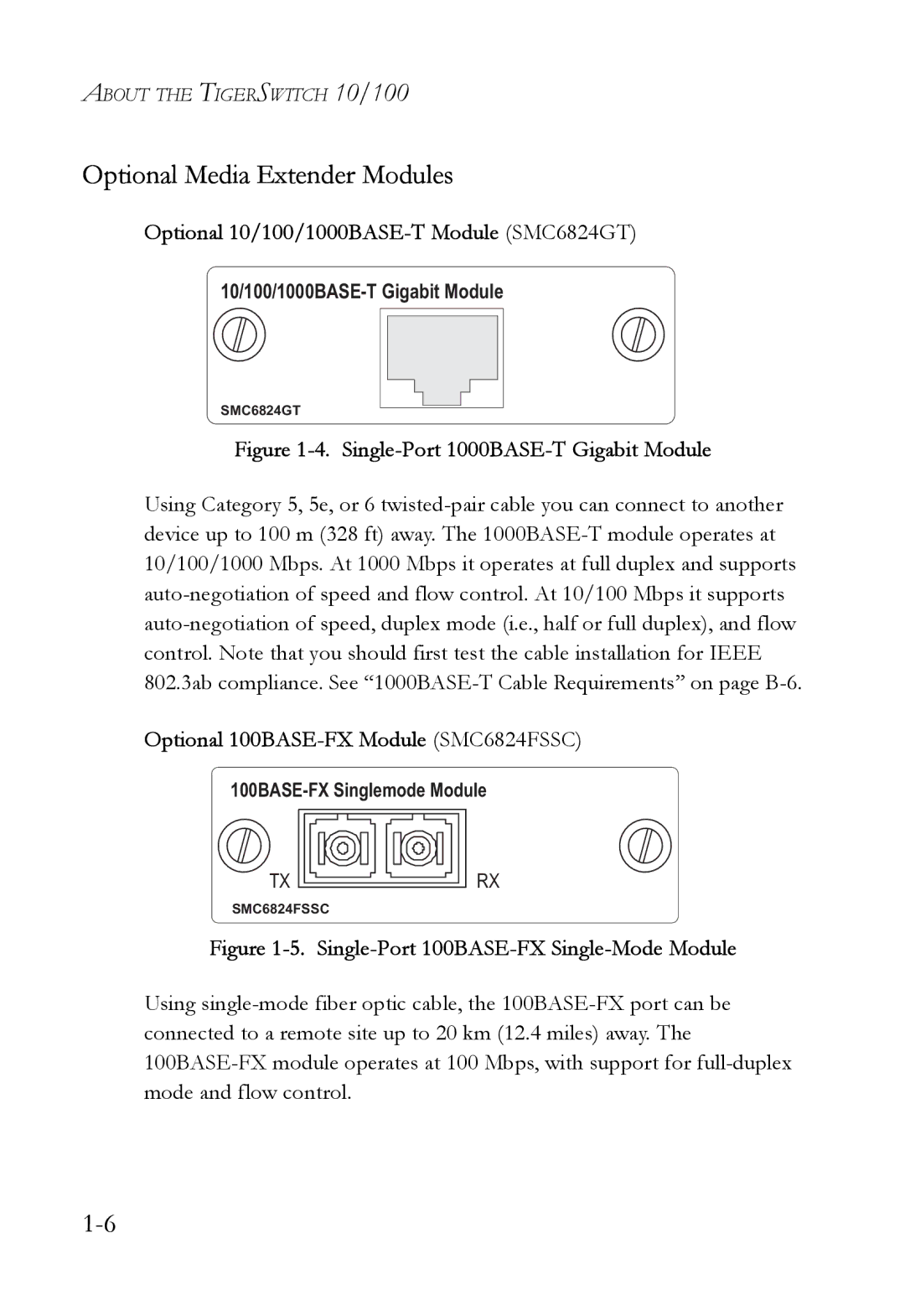 SMC Networks SMC6724AL2 manual Optional Media Extender Modules, Optional 10/100/1000BASE-T Module SMC6824GT 