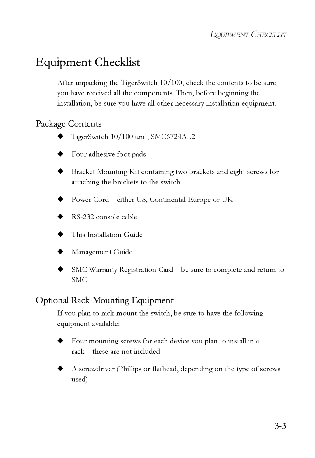 SMC Networks SMC6724AL2 manual Equipment Checklist, Package Contents, Optional Rack-Mounting Equipment 