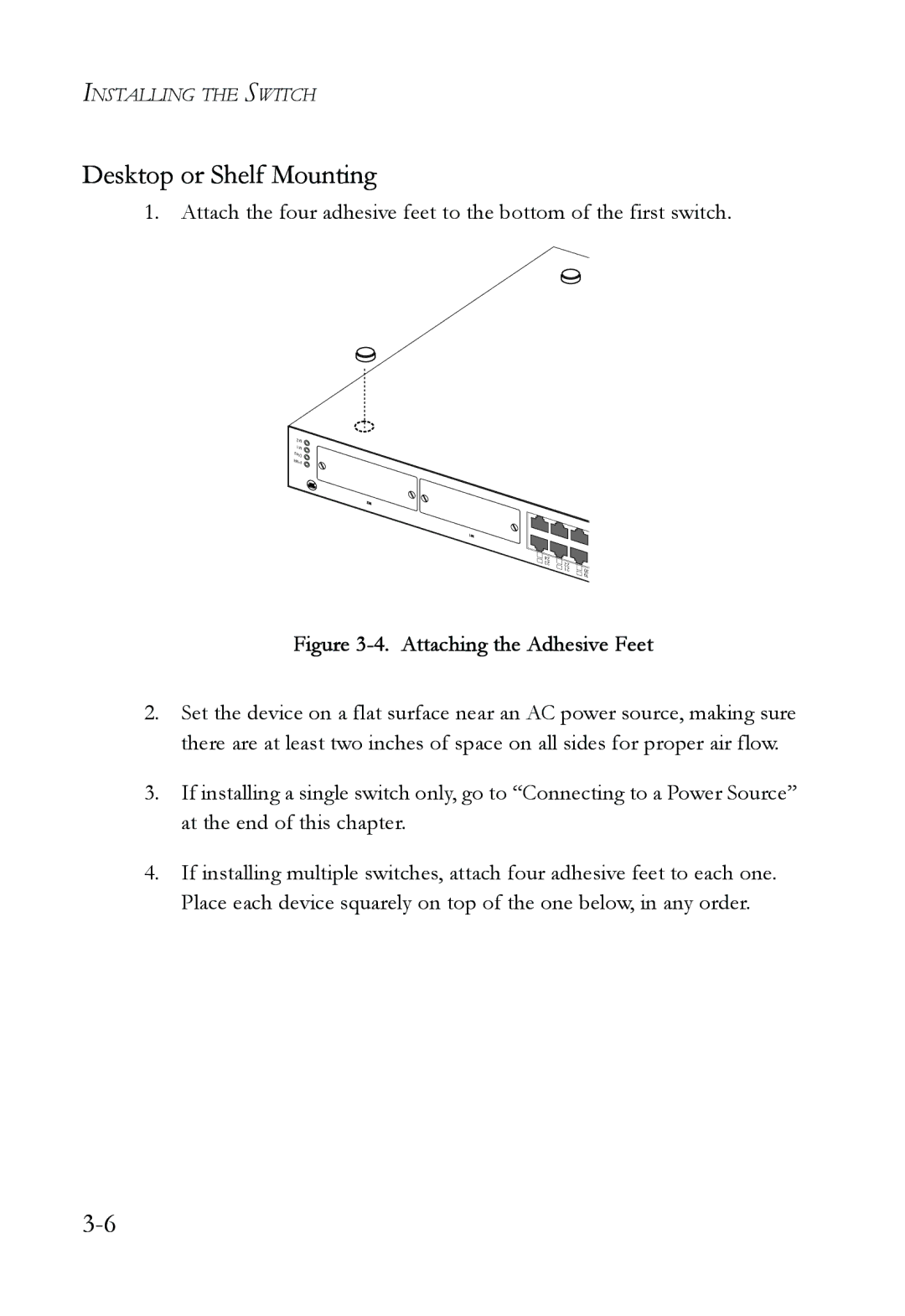 SMC Networks SMC6724AL2 manual Desktop or Shelf Mounting, Attaching the Adhesive Feet 