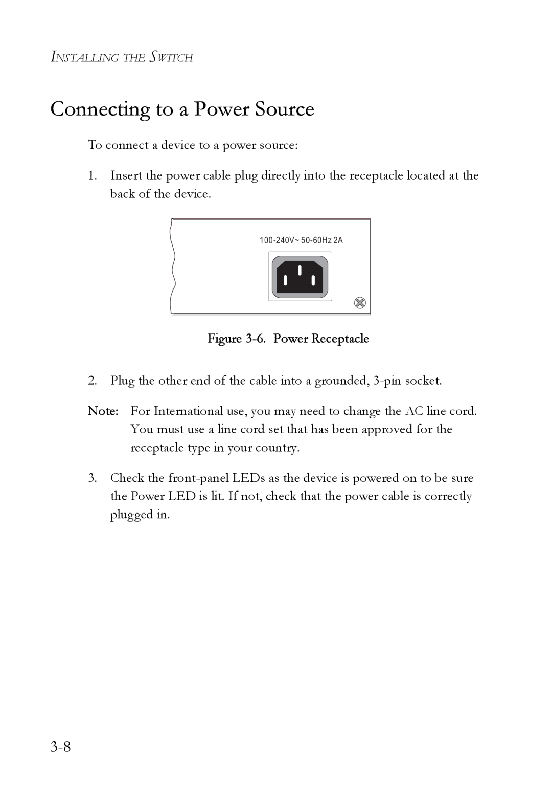 SMC Networks SMC6724AL2 manual Connecting to a Power Source, Power Receptacle 