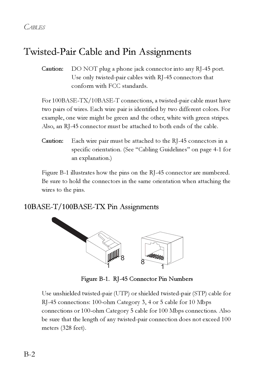 SMC Networks SMC6724AL2 manual Twisted-Pair Cable and Pin Assignments, 10BASE-T/100BASE-TX Pin Assignments 