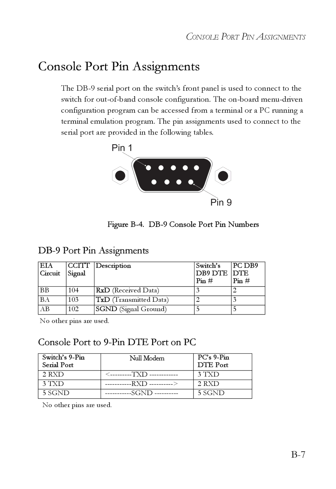 SMC Networks SMC6724AL2 Console Port Pin Assignments, DB-9 Port Pin Assignments, Console Port to 9-Pin DTE Port on PC 